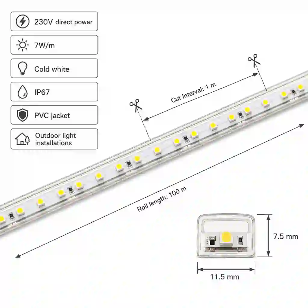 Technický detail LED pásku 230V s dělením každý 1m
